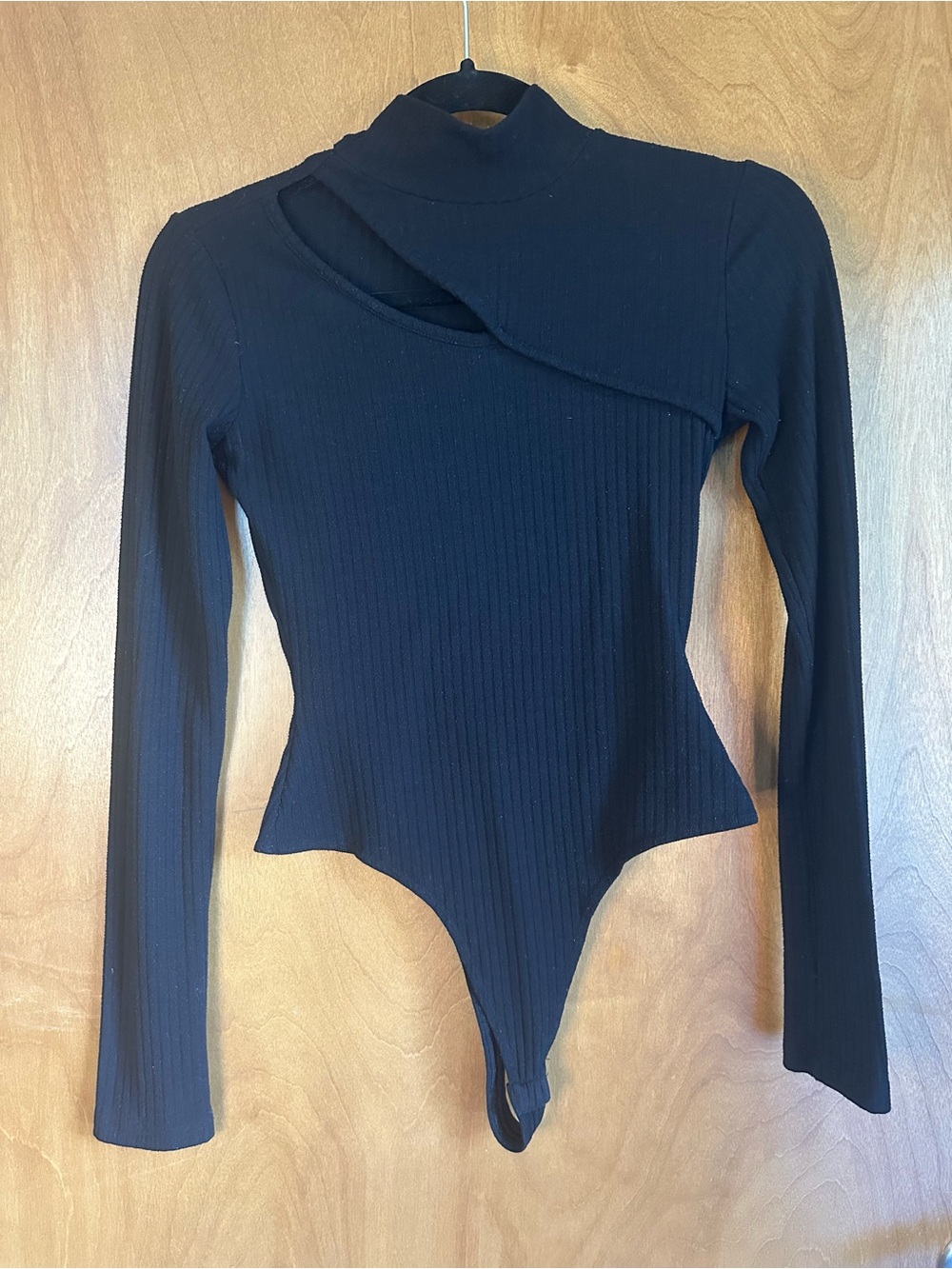 SO Black Ribbed Long-Sleeve Asymmetrical Cutout Bodysuit